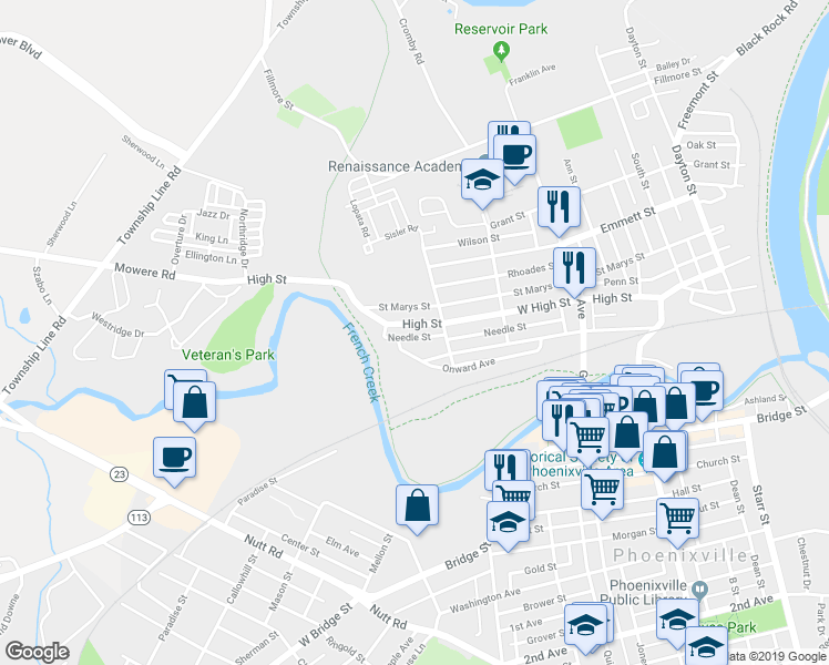map of restaurants, bars, coffee shops, grocery stores, and more near 623 Needle Street in Phoenixville