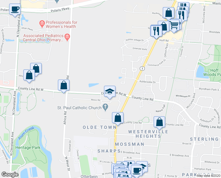 map of restaurants, bars, coffee shops, grocery stores, and more near 110 County Line Road West in Westerville