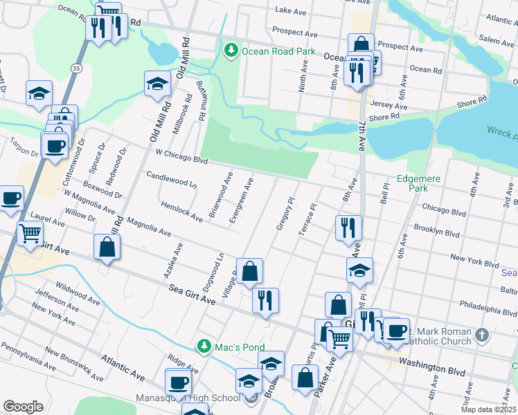 map of restaurants, bars, coffee shops, grocery stores, and more near 2159 Village Road in Sea Girt