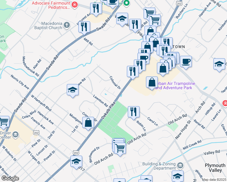 map of restaurants, bars, coffee shops, grocery stores, and more near 2413 Sentry Court in Norristown