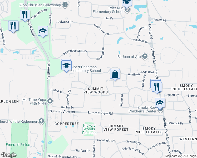 map of restaurants, bars, coffee shops, grocery stores, and more near 2440 Shroton Court in Powell