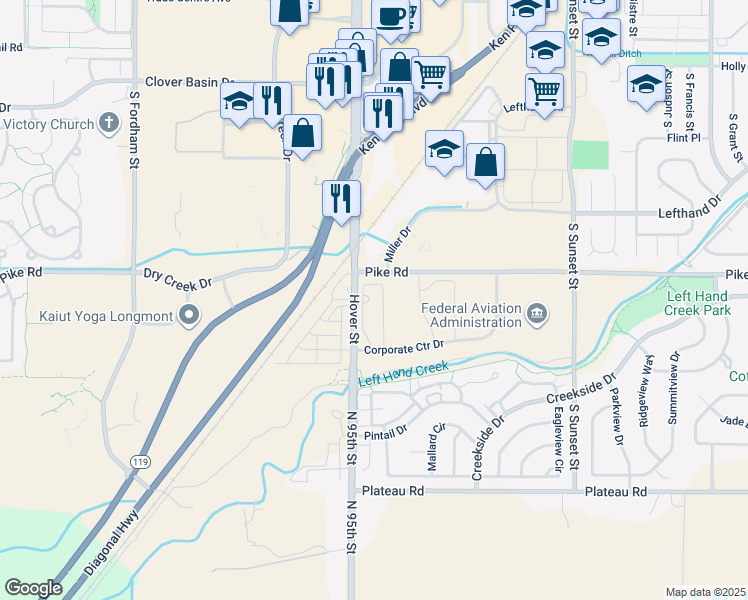 map of restaurants, bars, coffee shops, grocery stores, and more near 1850 South Hover Street in Longmont