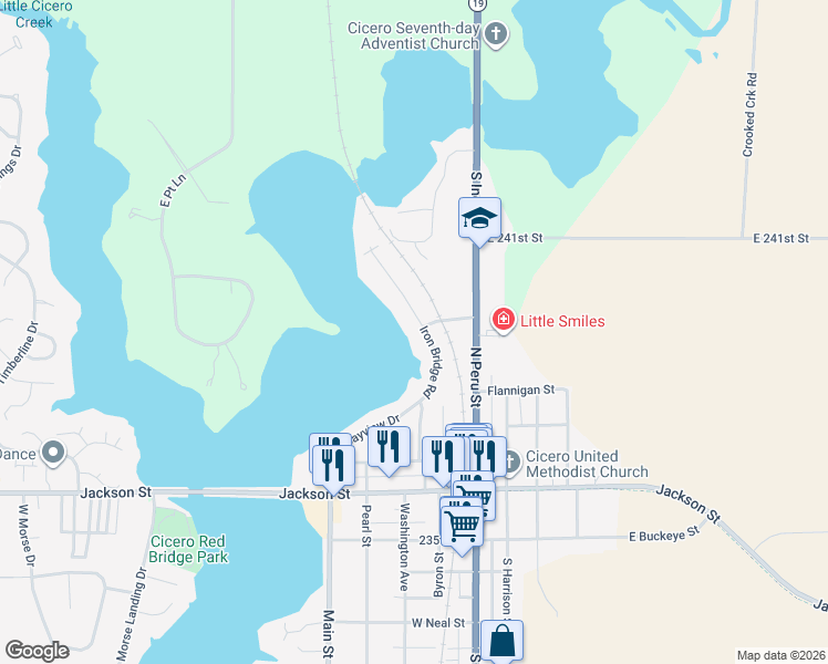 map of restaurants, bars, coffee shops, grocery stores, and more near 500 Iron Bridge Road in Cicero