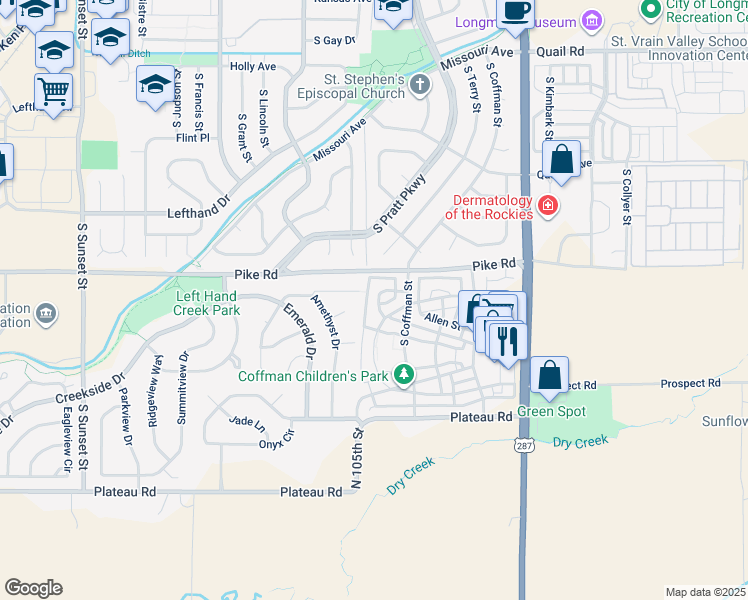 map of restaurants, bars, coffee shops, grocery stores, and more near 1100 Topaz Court in Longmont