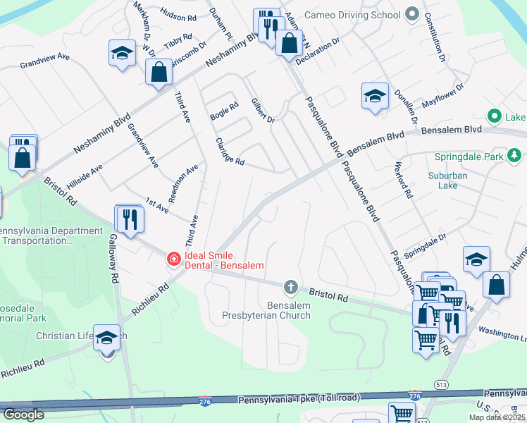 map of restaurants, bars, coffee shops, grocery stores, and more near 3304 Johns Court in Bensalem