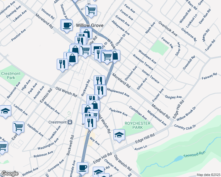 map of restaurants, bars, coffee shops, grocery stores, and more near 1948 Lycoming Avenue in Abington