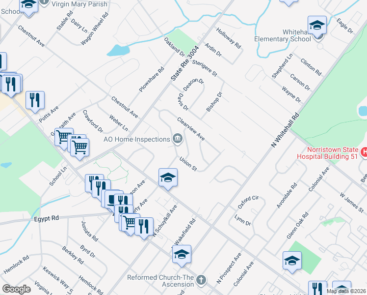 map of restaurants, bars, coffee shops, grocery stores, and more near 24 Penfield Avenue in Norristown
