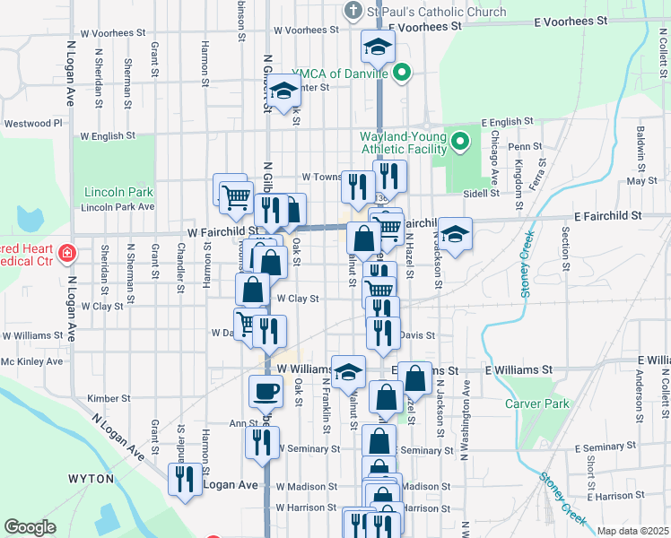 map of restaurants, bars, coffee shops, grocery stores, and more near 750 North Franklin Street in Danville