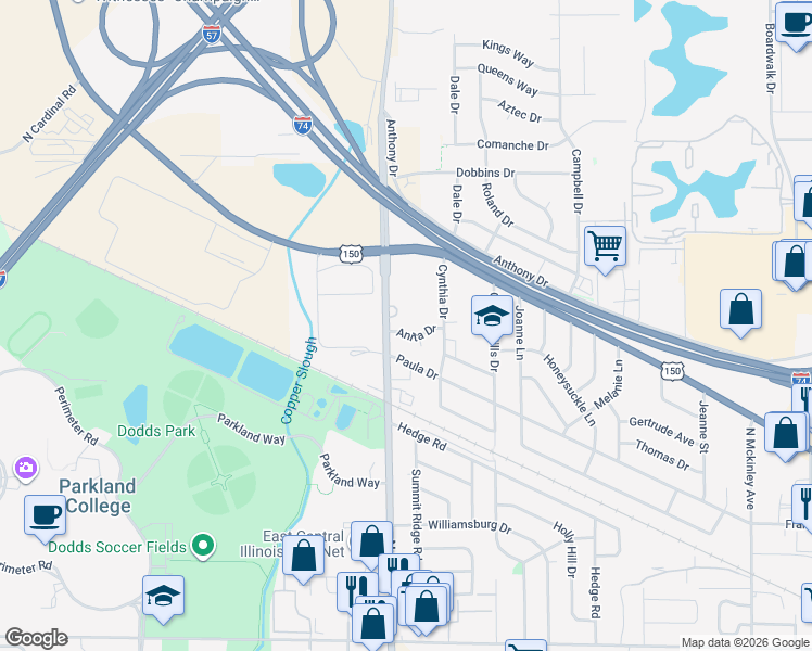 map of restaurants, bars, coffee shops, grocery stores, and more near 1728 Anita Drive in Champaign
