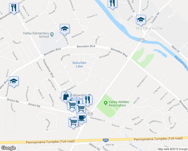 map of restaurants, bars, coffee shops, grocery stores, and more near 2467 Croydon Court in Bensalem