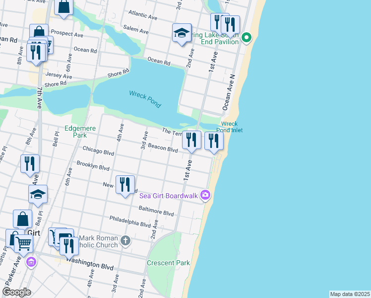 map of restaurants, bars, coffee shops, grocery stores, and more near 103 Beacon Boulevard in Sea Girt