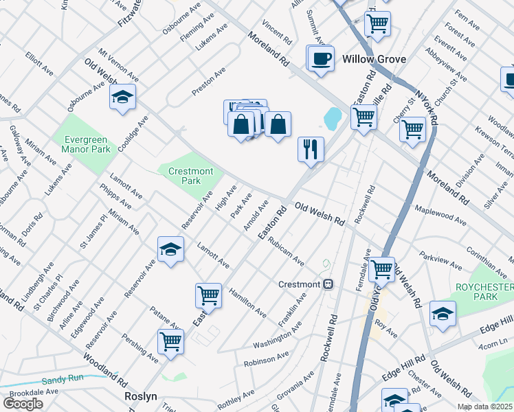 map of restaurants, bars, coffee shops, grocery stores, and more near 1740 Arnold Avenue in Willow Grove