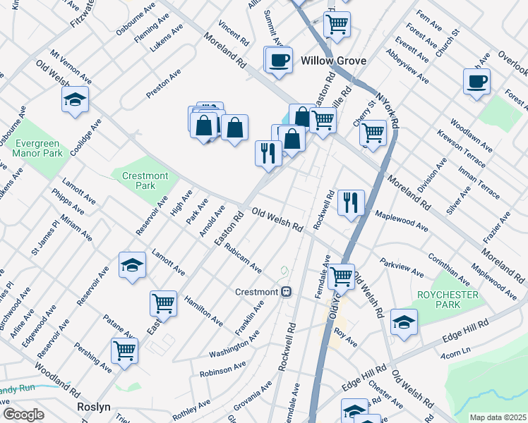map of restaurants, bars, coffee shops, grocery stores, and more near 2319 State Route 2029 in Willow Grove