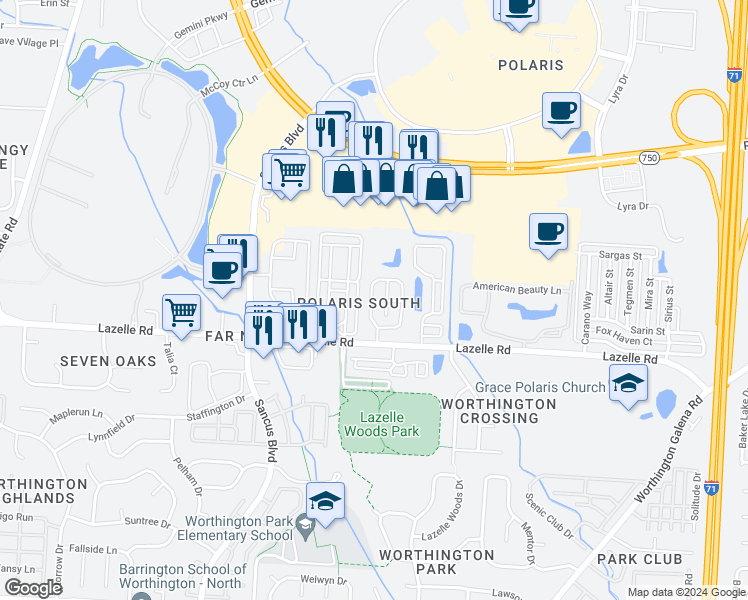 map of restaurants, bars, coffee shops, grocery stores, and more near 8344 Sable Crossing Drive in Columbus