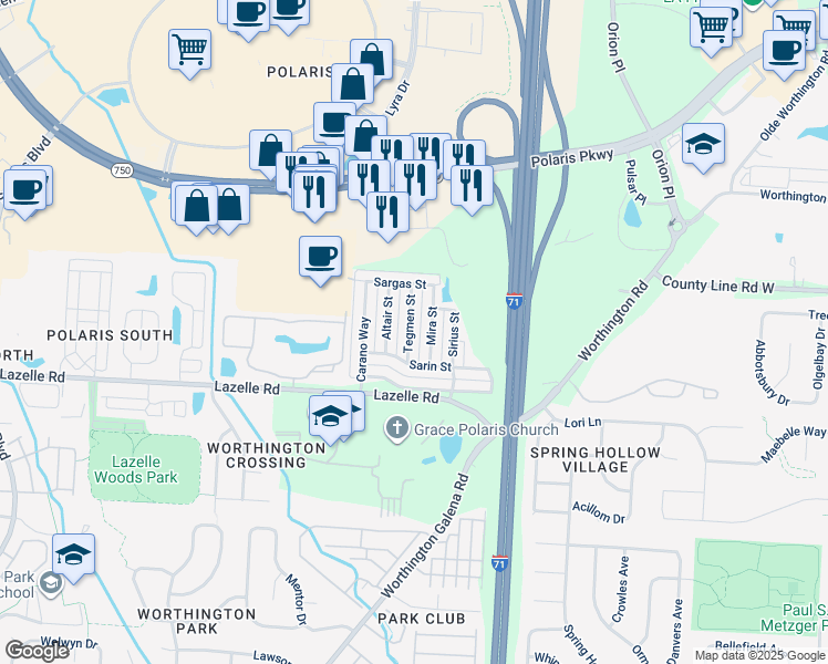 map of restaurants, bars, coffee shops, grocery stores, and more near 8280 Tegmen Street in Columbus