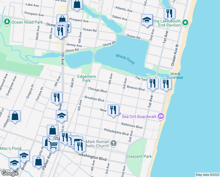map of restaurants, bars, coffee shops, grocery stores, and more near 102 4th Avenue in Sea Girt