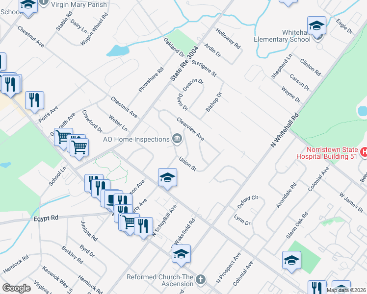 map of restaurants, bars, coffee shops, grocery stores, and more near 24 Penfield Avenue in Norristown