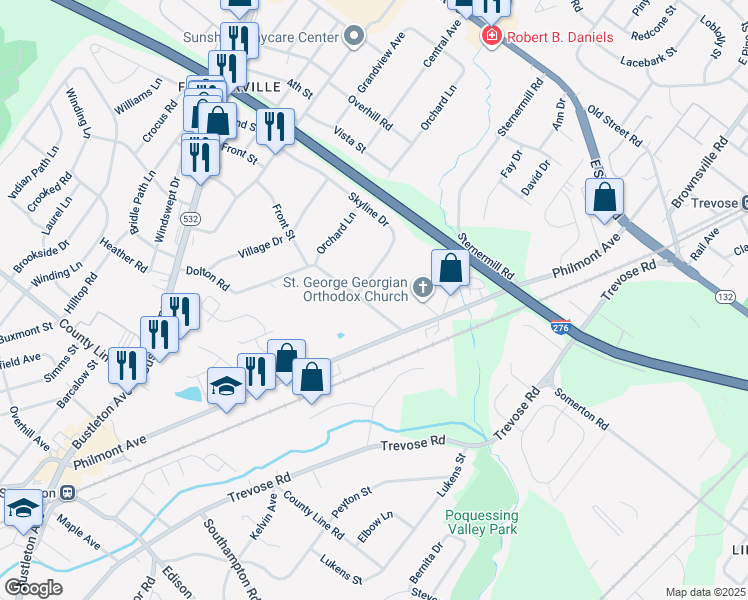 map of restaurants, bars, coffee shops, grocery stores, and more near 206 Dolton Road in Feasterville-Trevose