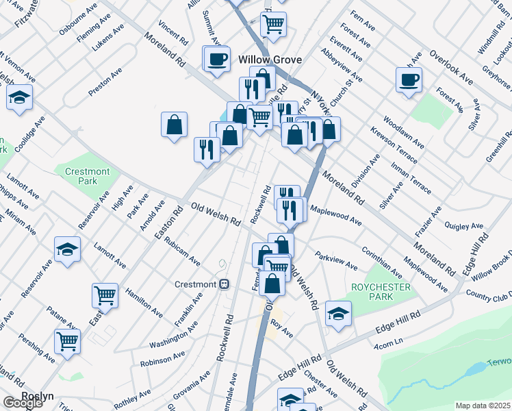 map of restaurants, bars, coffee shops, grocery stores, and more near 1828 Rockwell Road in Abington