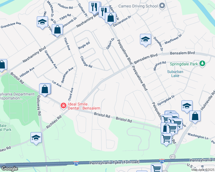 map of restaurants, bars, coffee shops, grocery stores, and more near 3325 Johns Court in Bensalem