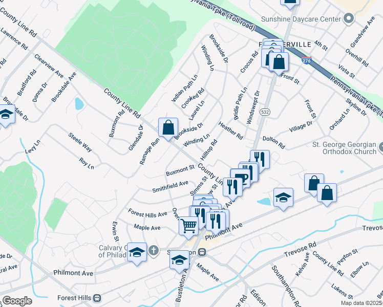 map of restaurants, bars, coffee shops, grocery stores, and more near 109 County Line Road in Feasterville-Trevose