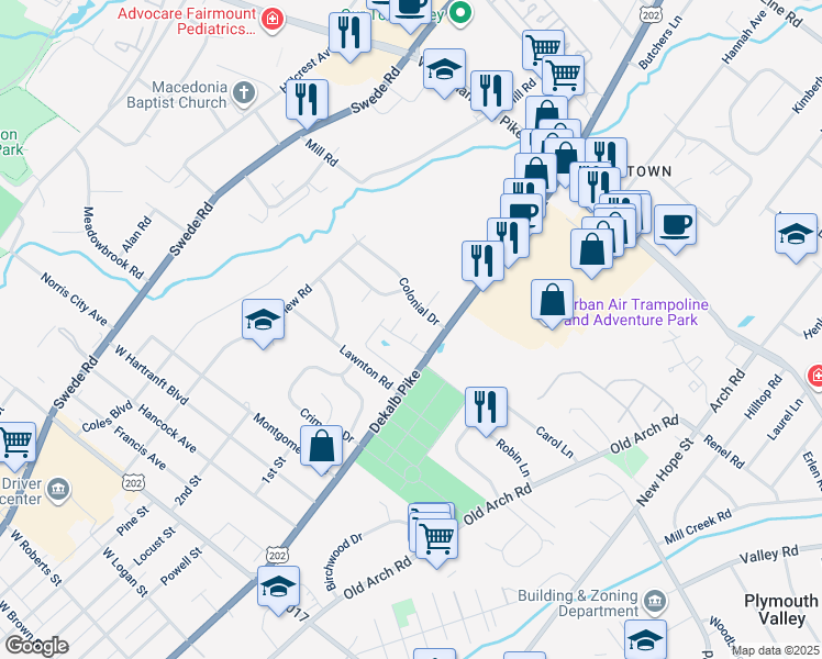 map of restaurants, bars, coffee shops, grocery stores, and more near 2413 Sentry Court in Norristown
