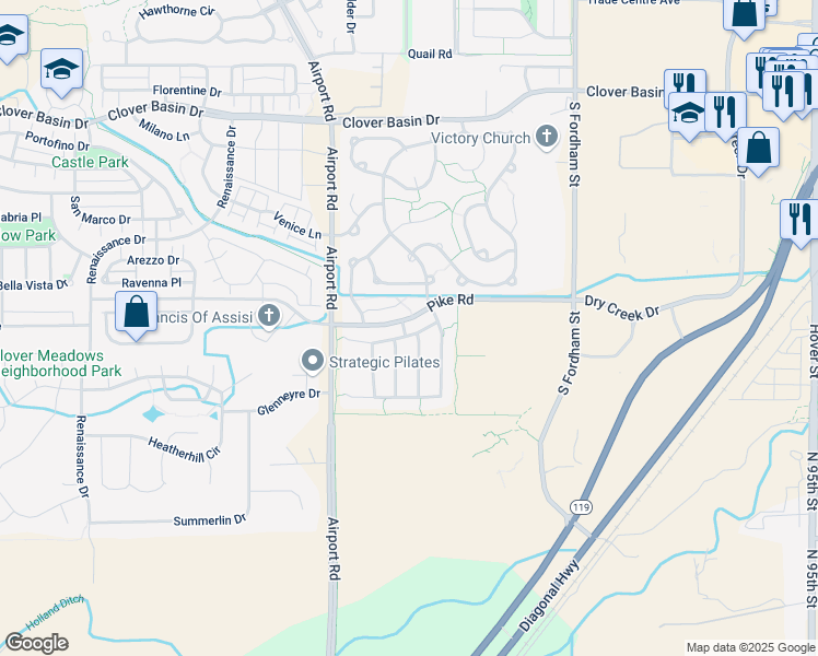 map of restaurants, bars, coffee shops, grocery stores, and more near 3404 Feather Reed Avenue in Longmont