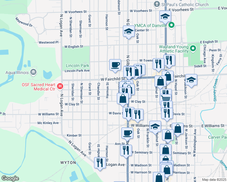 map of restaurants, bars, coffee shops, grocery stores, and more near 515 Chandler Street in Danville