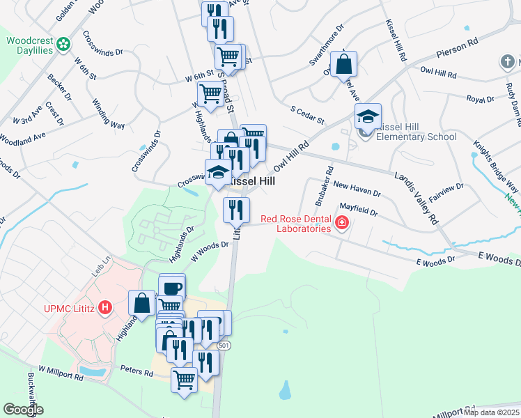map of restaurants, bars, coffee shops, grocery stores, and more near 2 East Woods Drive in Lititz