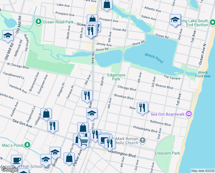 map of restaurants, bars, coffee shops, grocery stores, and more near 608 Chicago Boulevard in Sea Girt