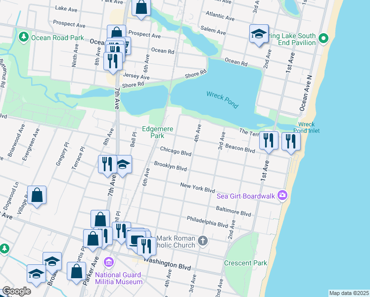 map of restaurants, bars, coffee shops, grocery stores, and more near 415 Chicago Boulevard in Sea Girt
