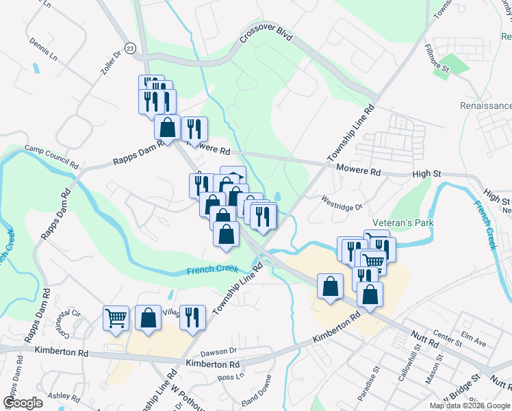 map of restaurants, bars, coffee shops, grocery stores, and more near 277 Schuylkill Road in Phoenixville