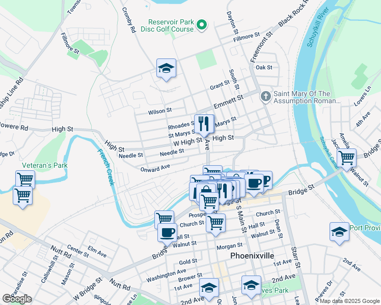 map of restaurants, bars, coffee shops, grocery stores, and more near 425 Vanderslice Street in Phoenixville