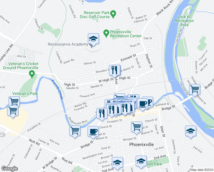 map of restaurants, bars, coffee shops, grocery stores, and more near 425 Vanderslice Street in Phoenixville