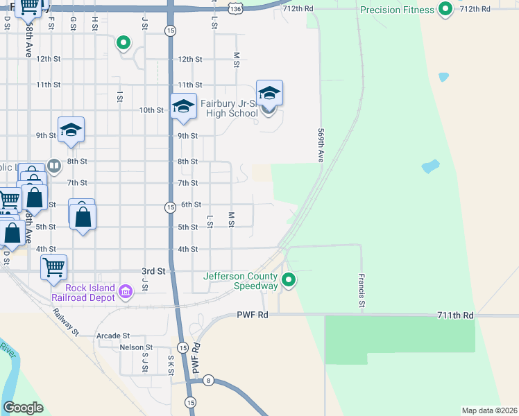 map of restaurants, bars, coffee shops, grocery stores, and more near 1504 6th Street in Fairbury
