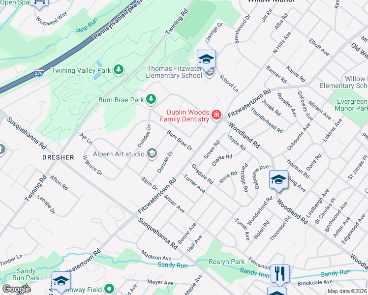 map of restaurants, bars, coffee shops, grocery stores, and more near 3110 Burn Brae Drive in Dresher