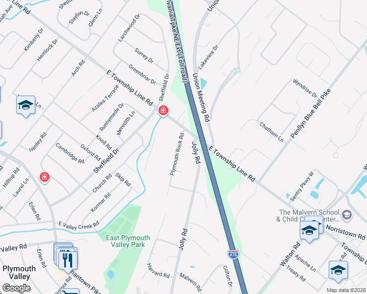 map of restaurants, bars, coffee shops, grocery stores, and more near 3122 Plymouth Rock Road in Plymouth Meeting