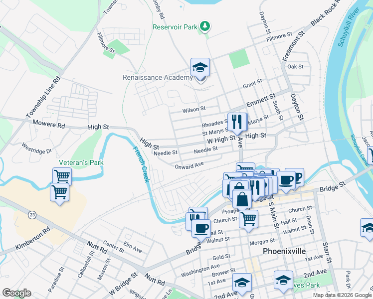 map of restaurants, bars, coffee shops, grocery stores, and more near 564 Needle Street in Phoenixville