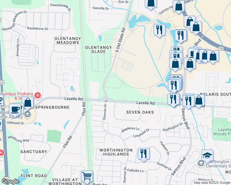 map of restaurants, bars, coffee shops, grocery stores, and more near 585 Lumination Avenue in Columbus