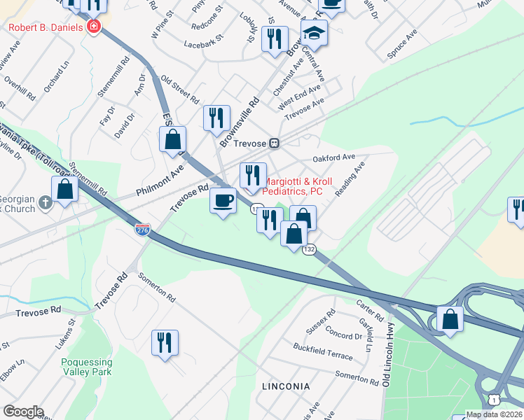 map of restaurants, bars, coffee shops, grocery stores, and more near 4767 Pennsylvania 132 in Feasterville-Trevose