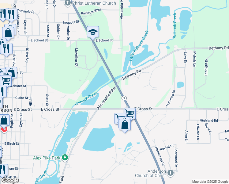 map of restaurants, bars, coffee shops, grocery stores, and more near 2126 Alexandria Pike in Anderson