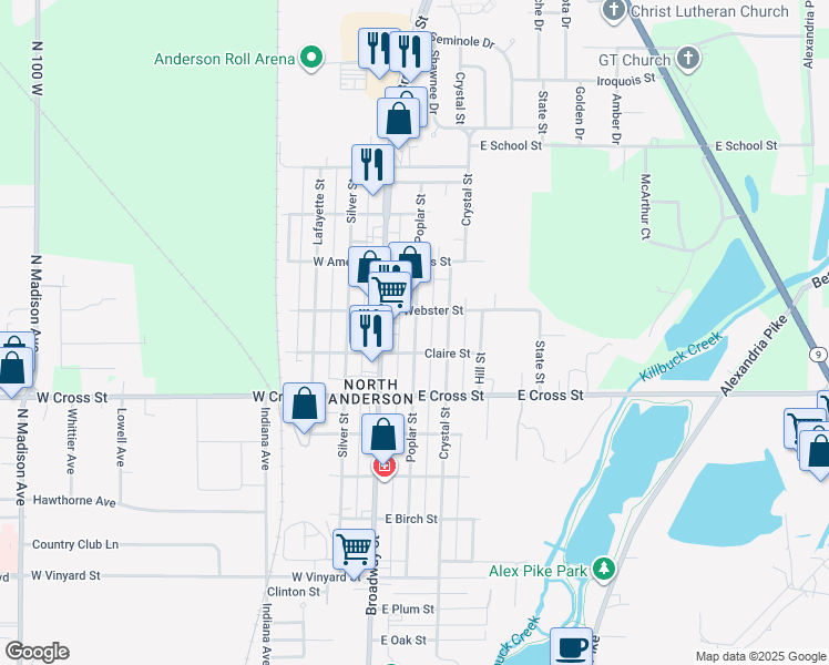 map of restaurants, bars, coffee shops, grocery stores, and more near 2118 Broadway Street in Anderson