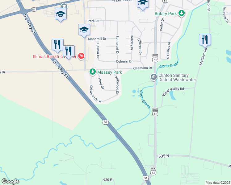 map of restaurants, bars, coffee shops, grocery stores, and more near 2 Holly Drive in Clinton