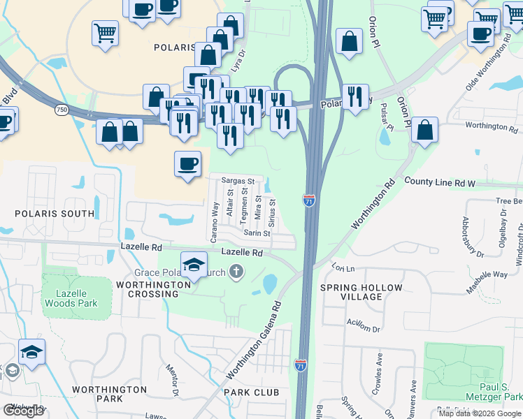 map of restaurants, bars, coffee shops, grocery stores, and more near 8283 Sirius Street in Columbus