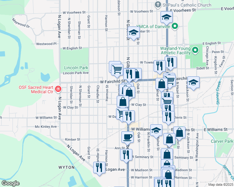 map of restaurants, bars, coffee shops, grocery stores, and more near 515 Chandler Street in Danville