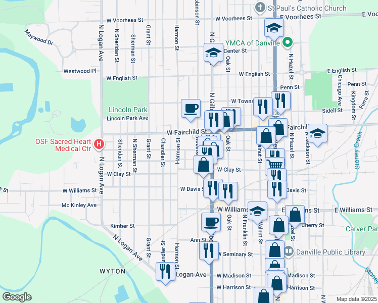 map of restaurants, bars, coffee shops, grocery stores, and more near 515 Chandler Street in Danville