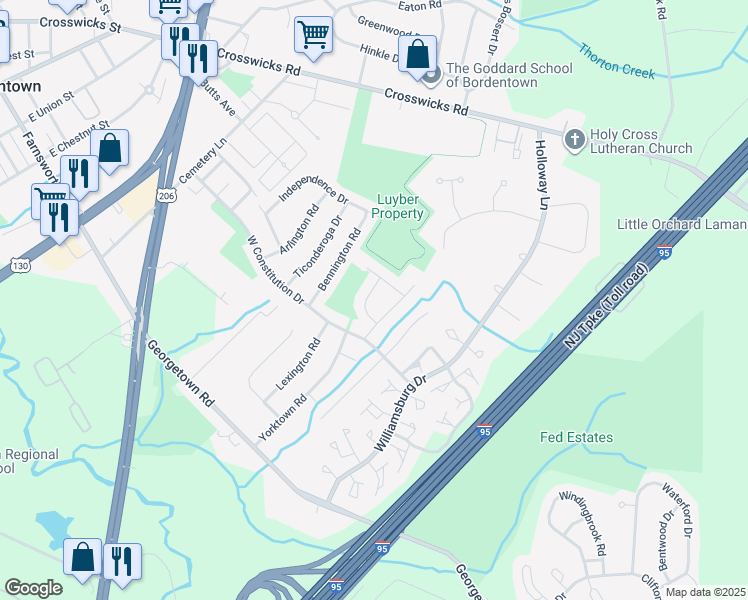 map of restaurants, bars, coffee shops, grocery stores, and more near 5 Delaware Drive in Fieldsboro