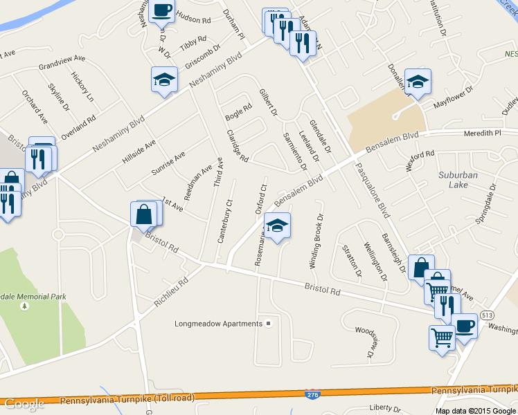map of restaurants, bars, coffee shops, grocery stores, and more near 4941 Oxford Court in Bensalem