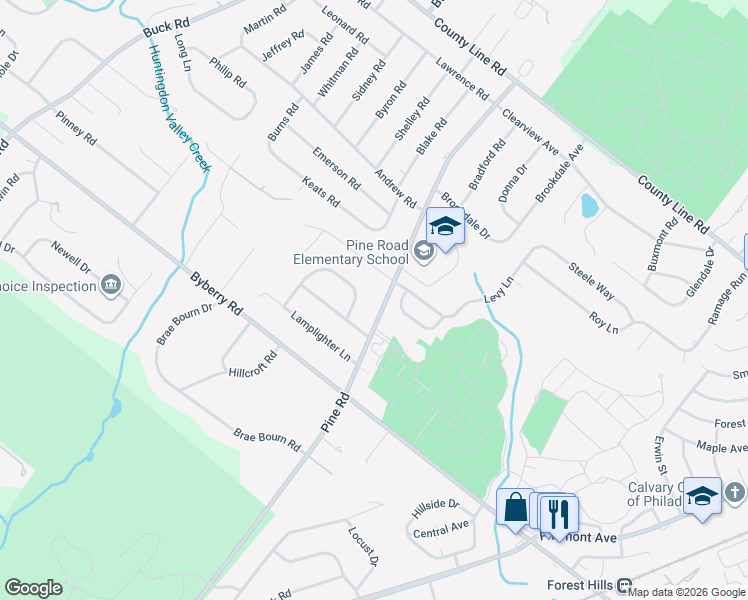 map of restaurants, bars, coffee shops, grocery stores, and more near 3636 Pine Road in Montgomery County