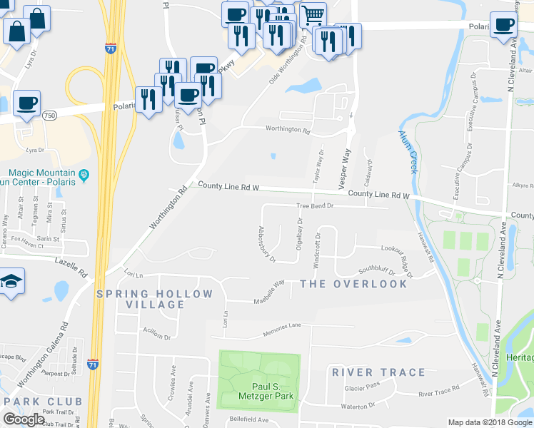 map of restaurants, bars, coffee shops, grocery stores, and more near 394 Abbotsbury Drive in Westerville